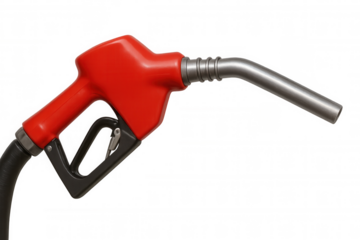 Red gas pump nozzle from a fuel station, ideal for illustrating concepts of energy, gasoline, and vehicle refueling