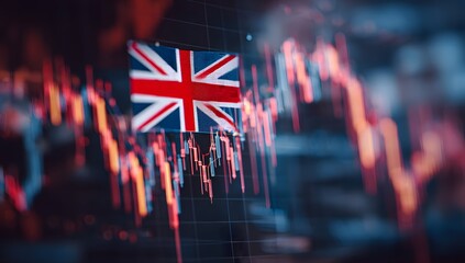 Abstract representation of the united kingdom s financial market performance with a union jack flag superimposed on a fluctuating stock chart