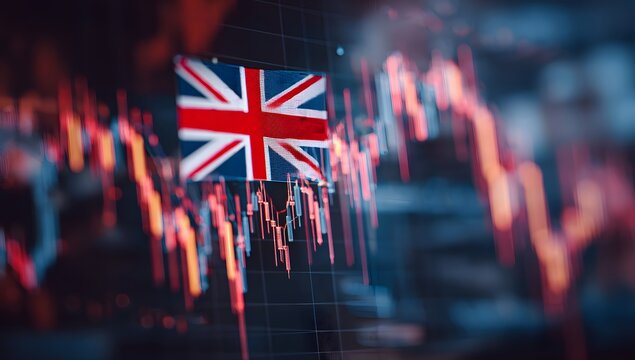 Abstract representation of the united kingdom s financial market performance with a union jack flag superimposed on a fluctuating stock chart
