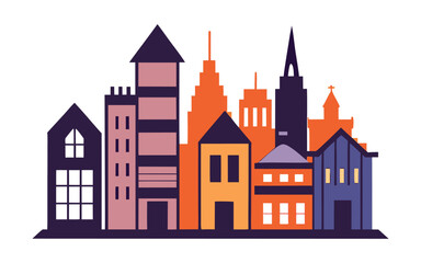 Stylized illustration of a colorful cityscape with diverse buildings and architectural styles