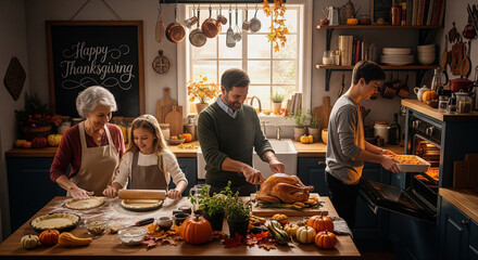Three generations gathered in a warm, cozy kitchen, sharing love and tradition while cooking a Thanksgiving feast