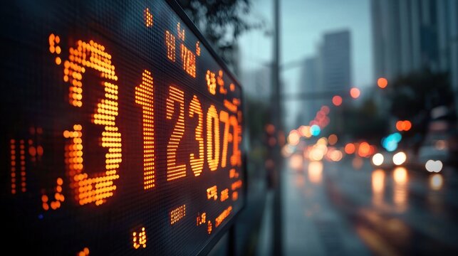 Close-up of illuminated orange digital numbers on electronic stock market display board with blurred urban street background and moving traffic at dusk