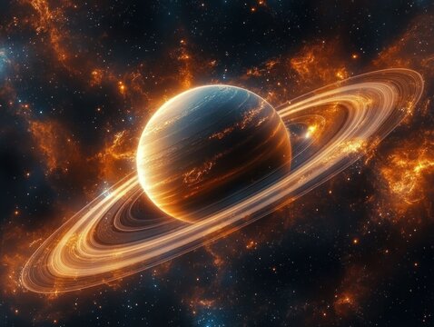 Glowing planet with bright orange rings surrounded by vibrant cosmic dust and sparkling stars in deep space