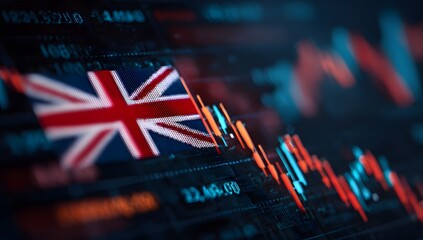 United kingdom flag superimposed on a downward trending financial stock market graph with candlestick chart indicators showing economic decline and uncertainty