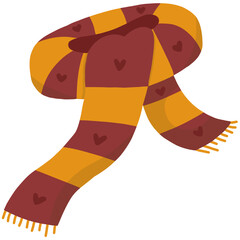 Cozy Cartoon Scarf with Burgundy and Golden Yellow Stripes and Heart Motifs – Warm and Whimsical Winter Accessory Illustration for Seasonal, Festive, and Children’s Design Themes
