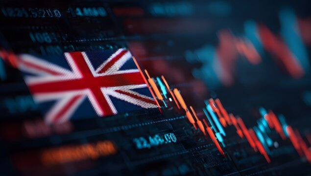 United kingdom flag superimposed on a downward trending financial stock market graph with candlestick chart indicators showing economic decline and uncertainty - Powered by Adobe