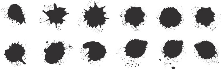 Set of black ink brush circle textures, grunge paint stains and splatter marks isolated on white background, abstract round design elements for logo, poster, art, or modern graphic decoration concept.