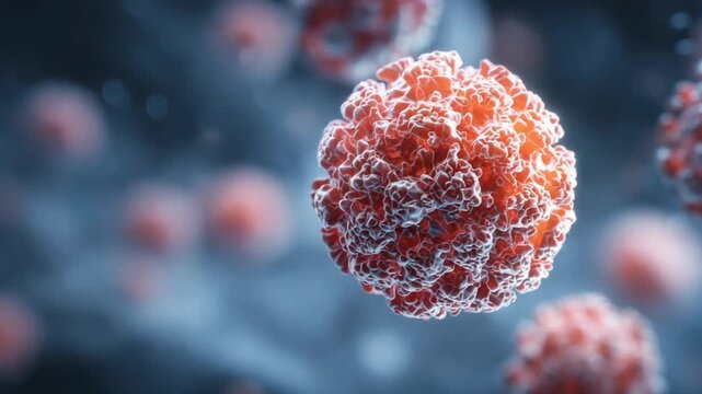 Microscopic Realm of a Virus: An intricate and captivating view of a spherical virus particle, showcasing its complex structure and potential threat, in a world hidden to the naked eye.