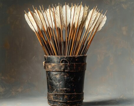 Old rustic black quiver filled with numerous wooden arrows with white feather fletching on textured neutral background