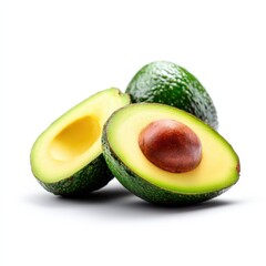 Fresh avocados, one halved to reveal its creamy flesh and brown pit, arranged attractively against a white background.