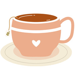 A Cozy Cup of Herbal Tea: Peach Mug with Heart Design and Leaf Tag on Saucer