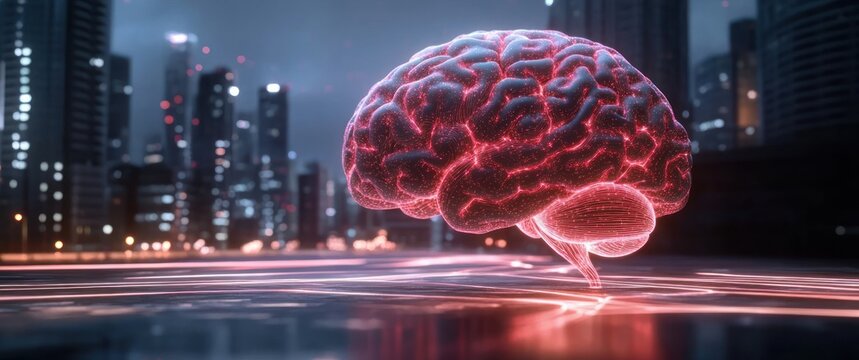 Glowing digital brain hologram floating above a futuristic cityscape at night with illuminated buildings and neon light trails