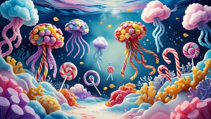 Seamless kids wallpaper depicting an underwater world of candy: jellyfish lollipops, candy cane coral, pastel cotton clouds. Dreamy, vibrant, ultra-high-res, whimsical design.