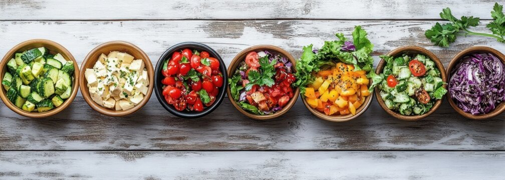 Seven bowls of fresh vegetable salads including cucumber, cheese, cherry tomatoes, mixed greens, yellow peppers, and purple cabbage on rustic wooden surface