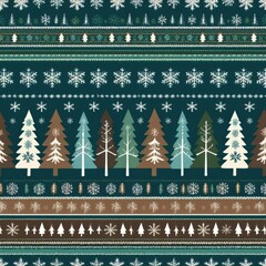 Seamless Winter Pattern with Snowflakes and Evergreen Trees in Festive Colors for Holiday Designs and Seasonal Decorations