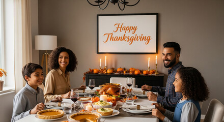 Diverse family celebrates Thanksgiving dinner at home, enjoying a festive meal together with smiles and warmth, embodying gratitude and togetherness