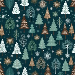 Seamless Pattern of Winter Trees and Snowflakes on Dark Background for Holiday and Seasonal Designs