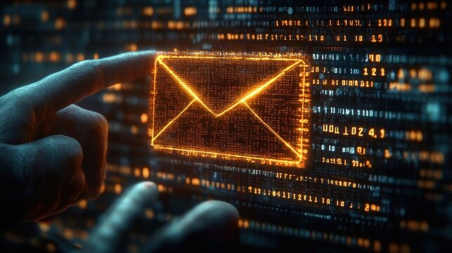 Close-up of a hand interacting with a glowing digital envelope icon surrounded by streaming data and binary code representing electronic communication and cybersecurity