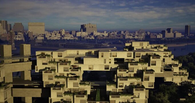 A futuristic building features interlocking structures with balconies and greenery, overlooking a sprawling city skyline at dusk, highlighting urban development and architectural innovation.