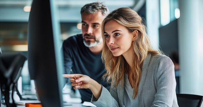 Focused young woman pointing at computer screen with attentive man looking on in modern office environment