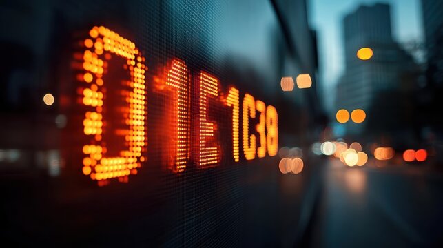 Close-up of bright orange digital numbers on a stock market ticker display at dusk with blurred city street and buildings in the background