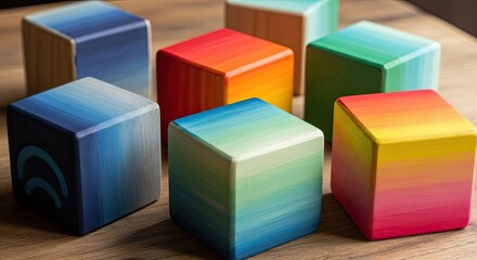 Obraz premium Colorful Wooden Cubes Arranged on a Wooden Surface High Angle View