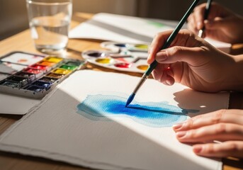 Artist painting with watercolor on paper in a bright and sunny studio
