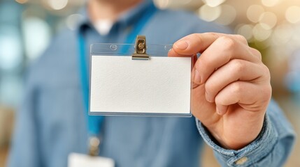Networking event closeup of person’s hands holding name tag in business environment indoor setting professional networking focus