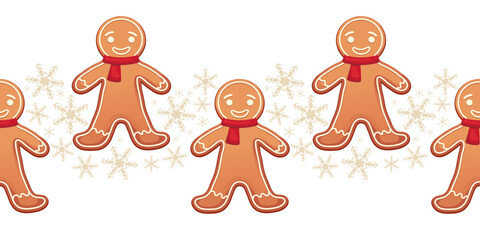 Cute seamless pattern with smiling gingerbread men in red scarves and snowflakes. Perfect for Christmas cards, wrapping paper, fabric, stickers, and festive holiday designs. 