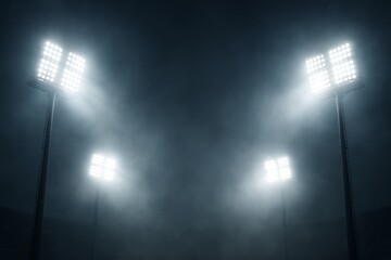 Bright stadium floodlights shining through thick fog at night in an empty sports arena with dramatic lighting and dark background atmosphere. Ai generative