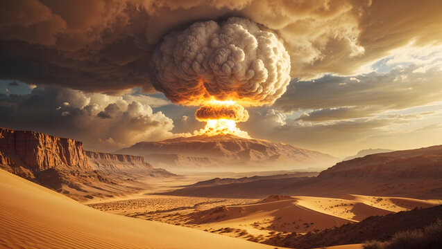 Dramatic of massive atomic explosion over arid desert, golden dunes, rocky outcrops, turbulent sky, low angle, detailed, vibrant, powerfu generative AI