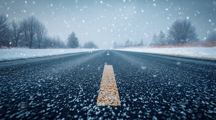 Snow falling on country road during blizzard, cinematic winter perspective, cold icy atmosphere, dramatic snowy scenery, neutral copy space