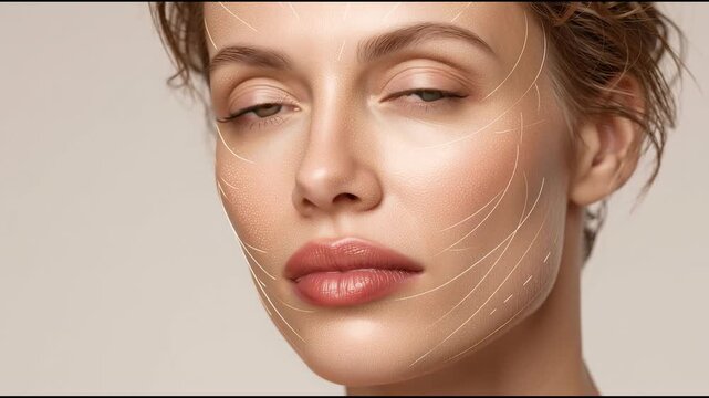 Close-up of woman&rsquo;s face with lifting lines for cosmetic skincare treatment, beauty and anti-aging concept
