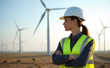 female engineer working outdoor with safety at wind turbines clean energy power station background, worker people with renewable energy technology for future concept. High quality