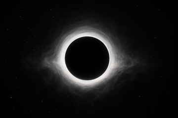 Obraz premium Black hole surrounded by glowing white light halo in deep space with dark background and scattered stars, space phenomenon concept artwork. Ai generative