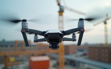 Drone over construction site. video surveillance or industrial inspection. High quality