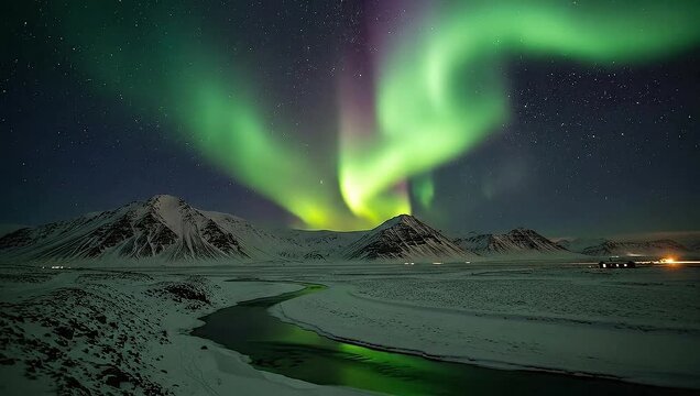 Spectacular Aurora Borealis Dancing Across the Night Sky Over Snowy Landscape.