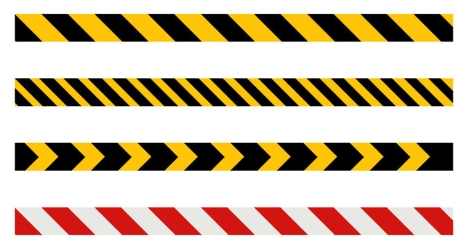 Collection of black and yellow hazard tapes and red warning barrier stripes. Ideal for safety, construction, and restricted area designs. Clean vector pattern isolated on white background for easy use
