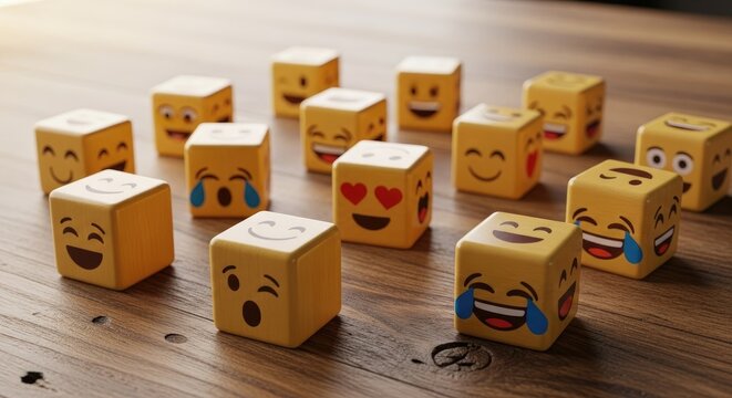 Emoji cubes displaying various emotions on a wooden surface concept - Powered by Adobe