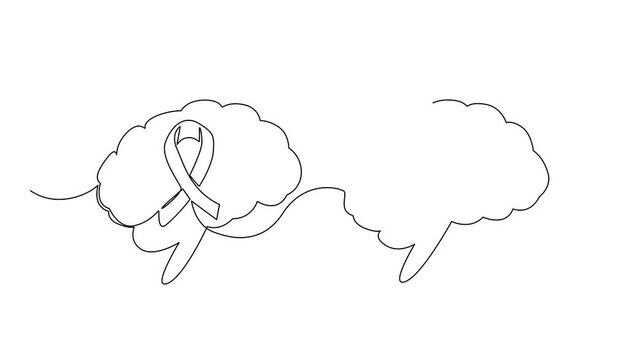 Animated self drawing of single one line drawing multiple sclerosis nerves in left brain and campaign ribbons in right brain. Cerebral palsy. World Multiple Sclerosis Day. Full length animation