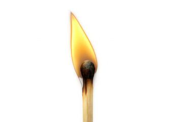 Burning wooden matchstick igniting with a vibrant yellow flame, showing heat and ignition on transparent background