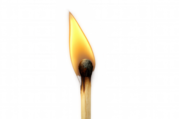 Burning wooden matchstick igniting with a vibrant yellow flame, showing heat and ignition on transparent background
