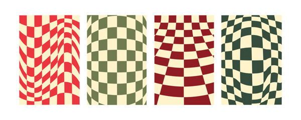 Set of checkerboard backgrounds in Christmas colors. Groovy hippie chessboard holiday pattern. Retro 60s 70s psychedelic design. Gingham vector wallpaper collection for print templates or textile.