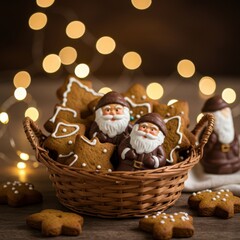St. nicholas day celebration with gingerbread and chocolate figures in festive basket setting