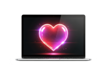Laptop displaying a glowing heart, love, romance, valentine's day, technology, screen, digital, computer, isolated on transparent background