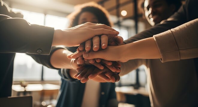 Diverse Team Hands Stacked Together in Unity and Success