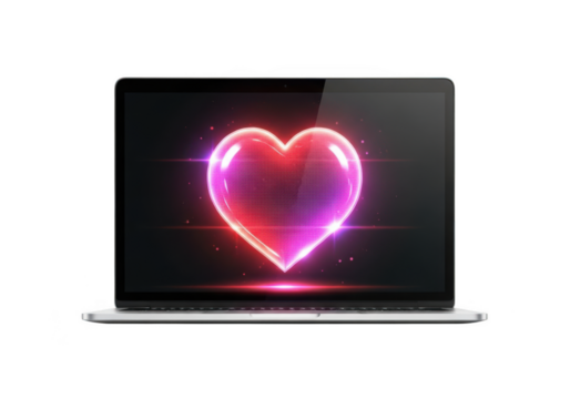 Laptop displaying a glowing heart, love, romance, valentine's day, technology, screen, digital, computer, isolated on transparent background
