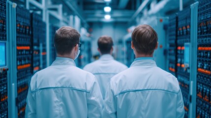 Technicians in white coats walking through a data center filled with servers, showcasing a high-tech environment.