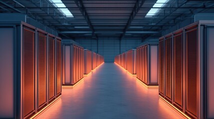 A modern data center with rows of servers illuminated by warm lighting, showcasing a sleek, technological environment.