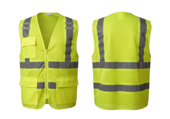 High visibility safety vest neon yellow reflective stripes workwear protective clothing apparel gear isolated on transparent background